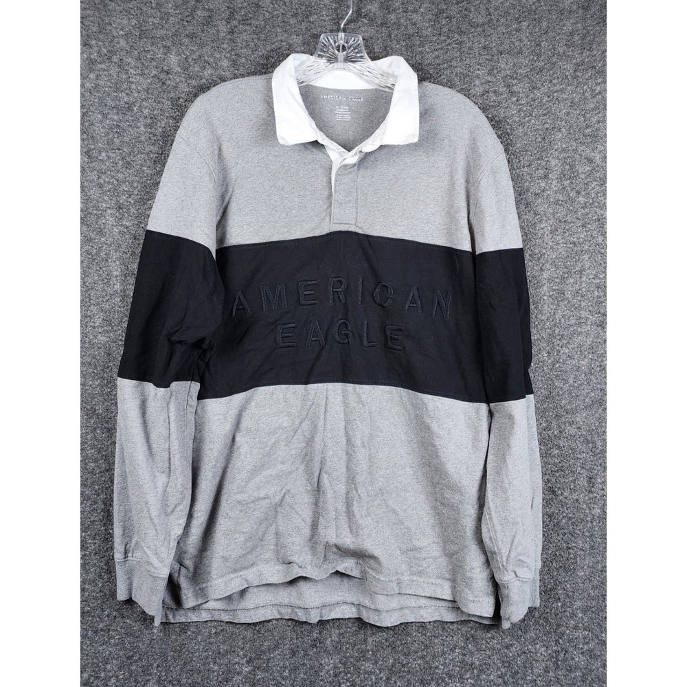 American Eagle Rugby Shirt Mens XL Grey Black Colorblock Embroidered Long Sleeve